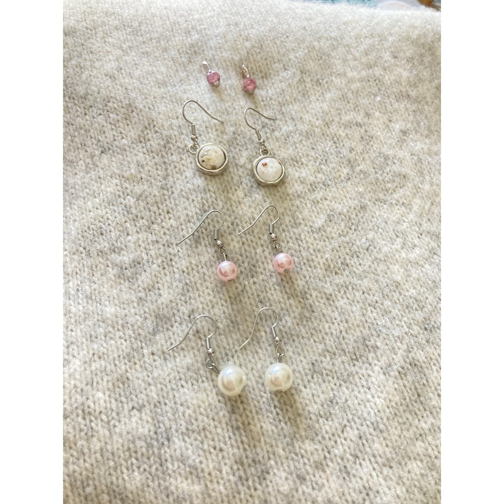 Pretty In Pink Dangle Earrings Set Of 4 Pair Romantic Faux‎ Pearl Rhinestone